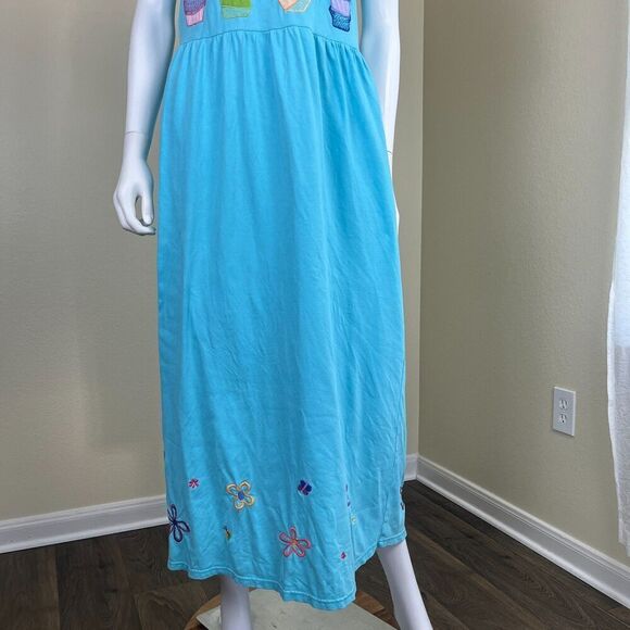 Michael Simon Lite Women's Size M Blue Cotton Floral Embroidered Maxi Dress VGT - Picture 5 of 13